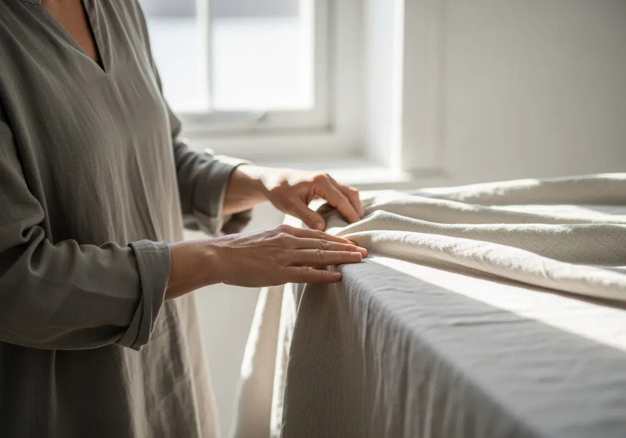 Person känner på zefyrlinne tyg